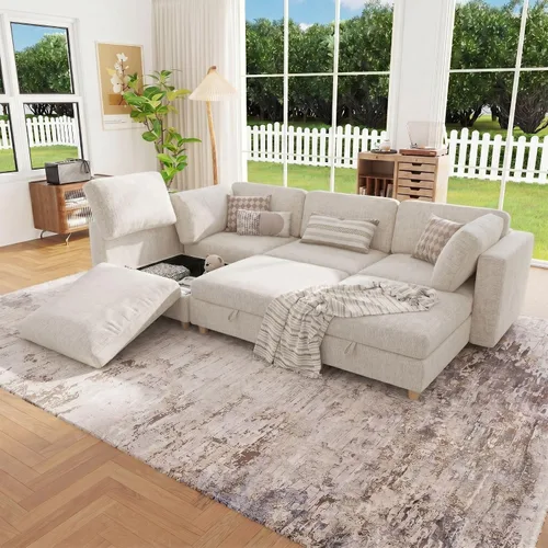 Miniatura 27 de 95.5" Sofá seccional modular de chenilla con almacenamiento oculto, sofá cama convertible en forma de L y U, sofá seccional moderno de 6 plazas