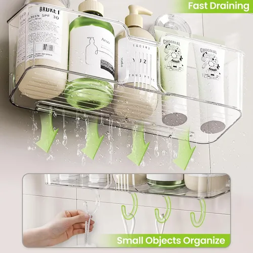 Miniatura 6 de LUXEAR Organizador de ducha con ventosa, sin perforaciones, organizador de ducha de sujeción fuerte con ganchos y jabonera, drenaje rápido