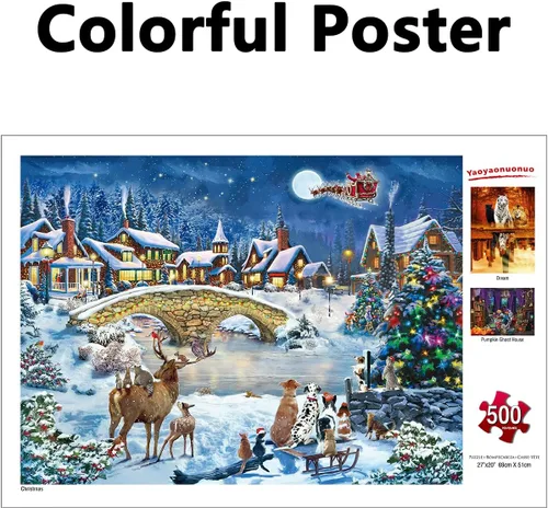 Miniatura 7 de Rompecabezas de 500 piezas para adultos, rompecabezas grande de 27 x 20 pulgadas, decoración de Papá Noel de invierno para fiestas familiares