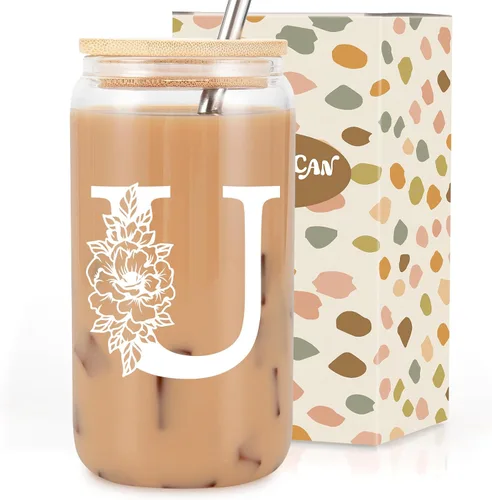 Miniatura 23 de Taza de Vidrio Inicial Coolife, Regalos Personalizados con Monograma para Mujeres, Tazas de Vidrio de 16 oz con Tapas y Popotes, Taza de Café