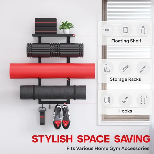 Miniatura 2 de Soporte de pared para esterilla de yoga, estante de almacenamiento de accesorios de yoga, organizador de accesorios de gimnasio en casa, estante
