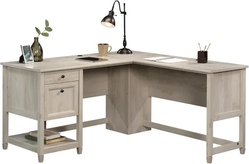 Miniatura 4 de Sauder Edge Water - Escritorio esquinero en forma de L con cajones de almacenamiento y estante abierto, en color castaño a la tiza