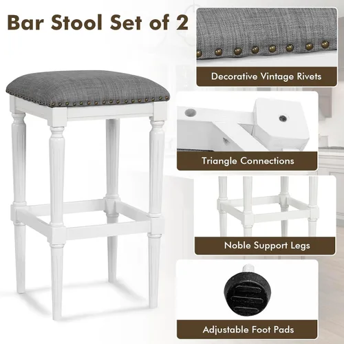 Miniatura 7 de COSTWAY Juego de 2 taburetes de bar tapizados, 31"/27"/19", 3 alturas, ajustables, cuadradas, sin espalda, con reposapiés, asientos acolchados