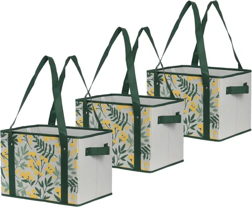 Miniatura 6 de Earthwise Caja de compras plegable reutilizable de lujo, juego de bolsas de comestibles con parte inferior reforzada, diseño navideño a cuadros