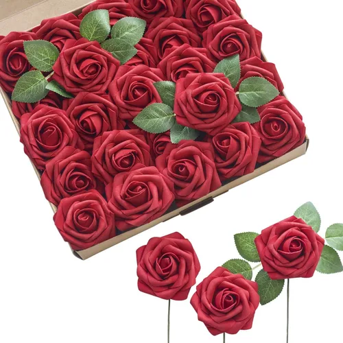 Miniatura 47 de Ling’s Moment - Flores Artificiales, 50 piezas, Rosas Verde Pavo Real con Tallos, 3" de Tacto Real, Espuma DIY para Ramilletes de Boda/Centros
