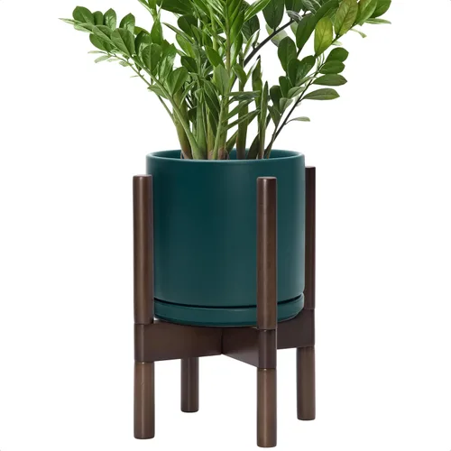 Miniatura 58 de D'vine Dev Maceta de cerámica con soporte de ébano – Maceta redonda moderna de 8 pulgadas con soporte para maceta de madera, color negro, 55-B-M-2