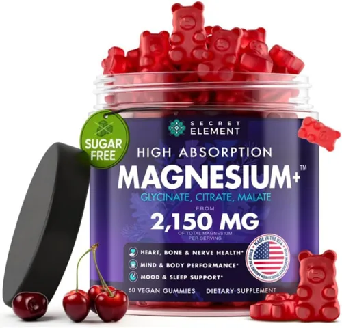 Gomitas de magnesio 3 en 1 - Glicinato, cítrico, malato 2150 mg suplemento de alta absorción, sin azúcar, vegano, masticables para hombres y