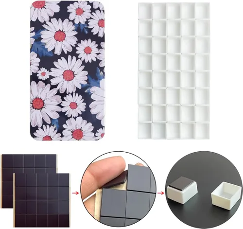 Miniatura 2 de Estuche de lata de paleta de acuarela con 40 piezas de sartenes vacías de plástico blanco con cuadrados magnéticos para transportar - Paleta