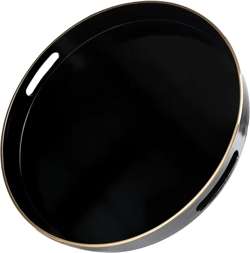 Bandeja decorativa redonda negra con asas, bandeja versátil de 13 pulgadas para mesa de café, otomana, ideal para servir, exhibir y organizar