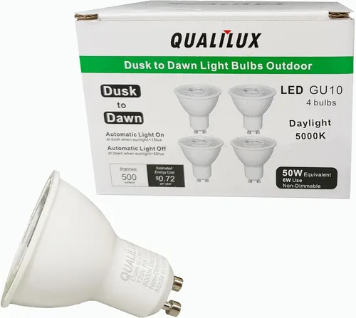 Qualilux Bombillas de luz del atardecer al amanecer, bombillas LED de detección de luz automática para exteriores, luz diurna, MR16 GU10 paquete de