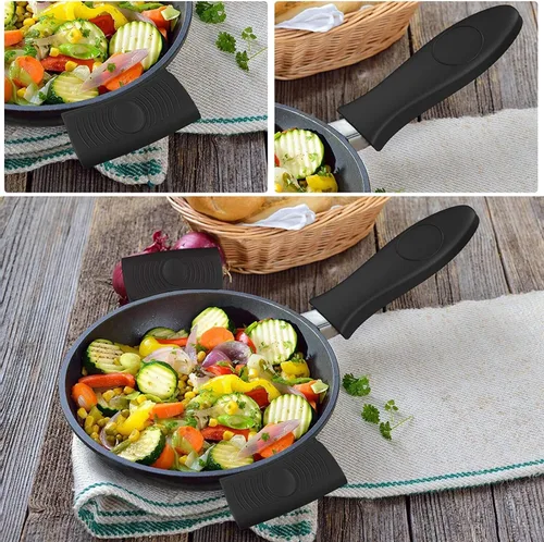 Miniatura 7 de Paquete de 4 soportes de silicona para mango de sartén caliente y soportes para ollas, resistentes al calor, protectores de agarradera de hierro