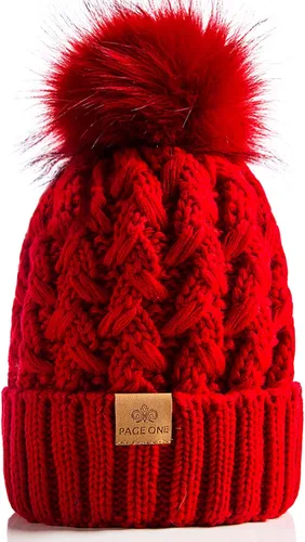 PAGE ONE Womens Winter Ribbed Beanie Crossed Cap Chunky Cable Knit Pompom Soft Warm Hat