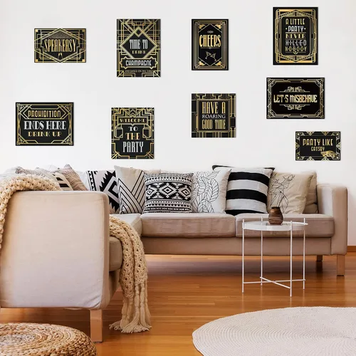 Miniatura 6 de 9 piezas de decoraciones de fiesta de los años 20 en negro y dorado retro para fiesta de jazz de los años veinte, kit de decoración para fiestas