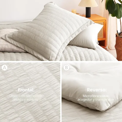 Miniatura 4 de CozyLux Juego de ropa de cama con edredón tamaño King Beige Seersucker de 7 piezas, juego de cama en una bolsa, con edredón, sábanas, fundas
