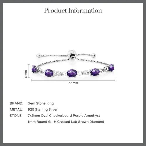 Miniatura 45 de Gem Stone King Pulsera de tenis de diamantes cultivados en laboratorio con piedra natal de 3-6 quilates para mujer, plata de ley 925, ovalada