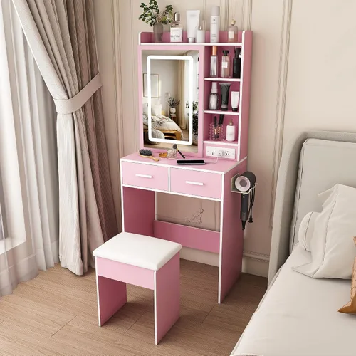 Miniatura 2 de Escritorio de tocador para adolescentes con espejo y luces, pequeña mesa de tocador con espejo deslizante, mini tocador de maquillaje con cajones