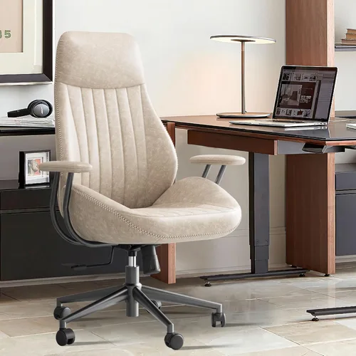 ovios Silla de oficina en casa, sillas ergonómicas de piel sintética de mediados de siglo, respaldo alto, cómodo sillón ejecutivo giratorio para