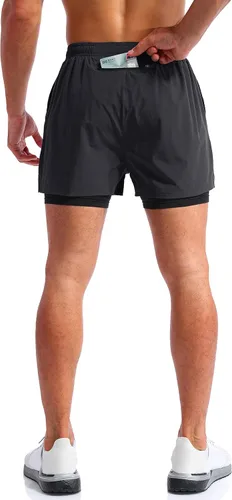 Miniatura 4 de Pudolla Mens 2 in 1 Running Shorts 5" Quick Dry Gym Athletic Workout Shorts for Men with Phone Pockets