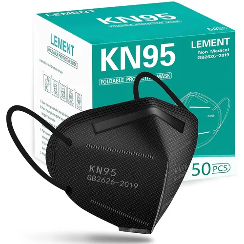 LEMENT 50 piezas Mascarillas Faciales KN95 Negras de 5 Capas Tipo Copa Mascarillas de Seguridad contra Polvo Eficiencia del Filtro≥95% Transpirables
