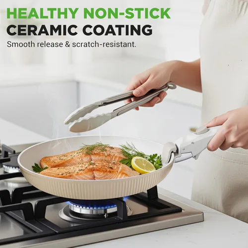 Miniatura 2 de NutriChef - Juego de 18 piezas de utensilios de cocina de cerámica con mangos desmontables, ollas y sartenes antiadherentes, revestimiento de Crema