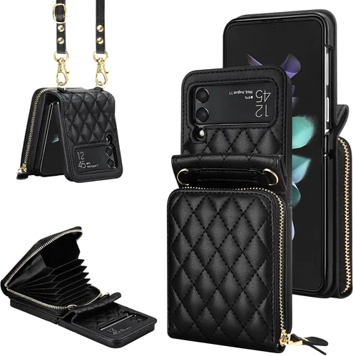 Vofolen Funda tipo cartera para Samsung Galaxy Z Flip 3 con tarjetero y 8 ranuras para tarjetas con correa cruzada ajustable, funda protectora de