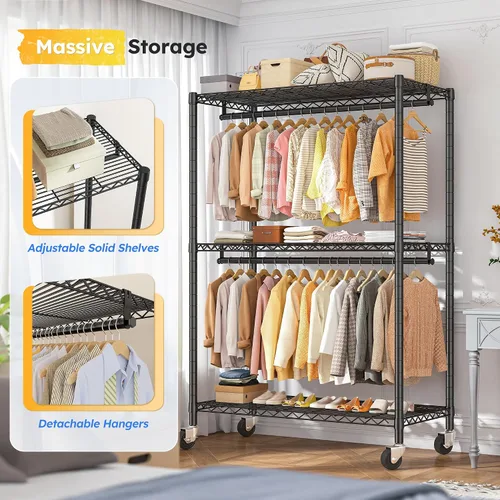 Miniatura 3 de Raybee Perchero de ropa de 45 pulgadas de ancho para colgar ropa, perchero con ruedas y pies ajustables, carga máxima de 440 libras, color negro