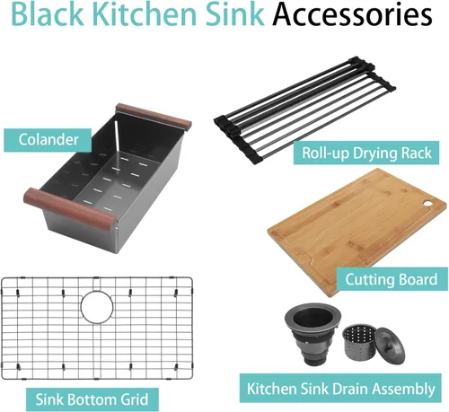 Miniatura 3 de Fregadero de cocina de 33 x 22 pulgadas, color negro, 33 pulgadas de montaje superior, fregadero de cocina de acero inoxidable calibre 16, estación