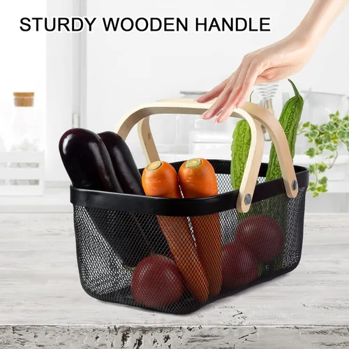 Miniatura 4 de Cesta portátil de cosecha de jardín, diseño de malla, cesta de almacenamiento de alambre con mango de bambú natural, cesta de malla con asa