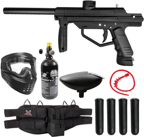 Maddog JT Stealth Paintball Gun Marker and Accessory Starter Packages [HPA] | Marker, 48ci/3000psi Compressed Air Tank, Mask, Hopper, Pods, Harness
