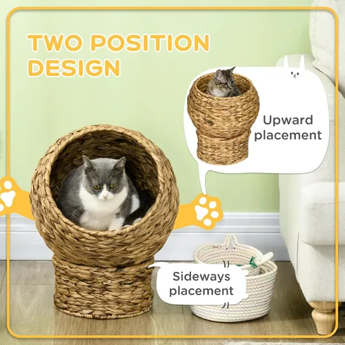 Miniatura 3 de PawHut Cama elevada tejida a mano para gatos con cojín suave y forma de silla de huevo, cama de cesta con soporte, casa de mimbre elevada para gatos
