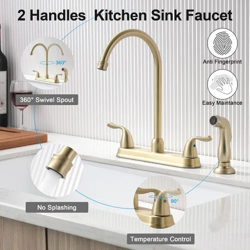 Miniatura 2 de Grifo de cocina dorado de 2 manijas con rociador lateral, 8 pulgadas de arco alto giratorio de 360°, grifo de fregadero central de 3 o 4 agujeros