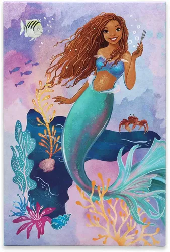Miniatura 13 de Open Road Brands Disney - Lienzo decorativo de pared con diseño de Ariel y Flounder de La Sirenita en acuarela - Hermoso arte de pared de Ariel