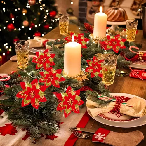 Miniatura 5 de 16 decoraciones artificiales de flor de pascua con purpurina de oro rojo – adornos de Navidad de flor de pascua roja y decoración de árbol