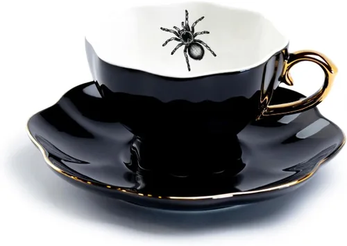 Miniatura 3 de Taza de té y platillo de oro negro con ribete dorado Raven gato negro serpiente araña Halloween (taza de té y platillo de gato negro)