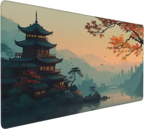 Alfombrilla de mouse grande con diseño japonés de paisaje de edificios antiguos, alfombrilla de teclado para juegos extendida XXL, base de goma