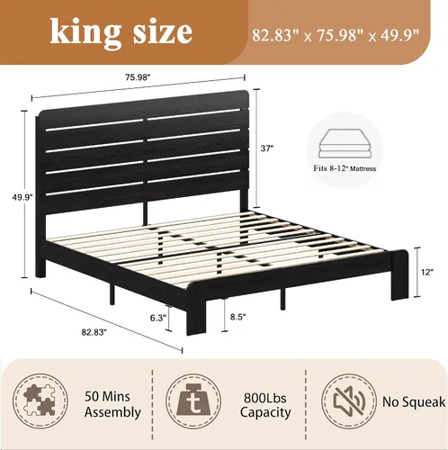 Miniatura 2 de Marco de cama de madera tamaño King con cabecera, base de cama de plataforma estilo granja rústica con soporte de listones de madera, resistente
