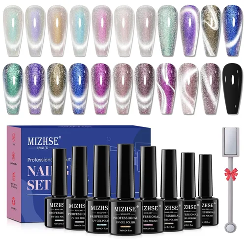 Miniatura 15 de MIZHSE - Juego de esmalte de uñas de gel de ojo de gato 9D de 8 colores, kit de esmalte de gel magnético mejorado con barra magnética, esmalte de A