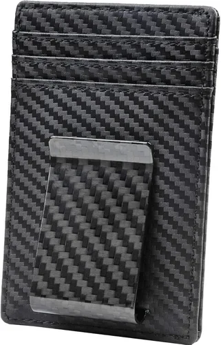 Travelambo Clip para dinero para hombre, de piel, delgado, minimalista, con bloqueo RFID (tejido negro), Tejido negro, Minimalista