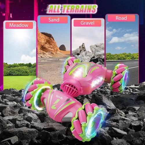 Miniatura 4 de Nicella Coche de control remoto, autos RC rosas para niñas, acrobacias de gestos con luz y música, 4 WD, rotación de 360°, juguetes de auto