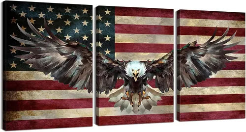 YOUHONG 3 piezas de arte de pared con bandera estadounidense con águila calva, decoración militar patriótica, lienzo rústico para decoración de
