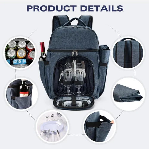 Miniatura 5 de Vogano Mochila de pícnic y accesorios - Juego de pícnic para 2 personas con 2 compartimentos aislados de refrigeración, manta ligera y juego