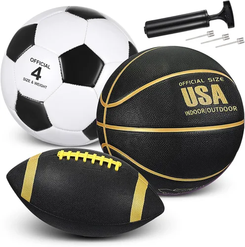 Libima Juego de 3 pelotas deportivas para niños y adolescentes, incluye tamaño oficial, baloncesto, fútbol, fútbol con bomba y bolsa de transporte,
