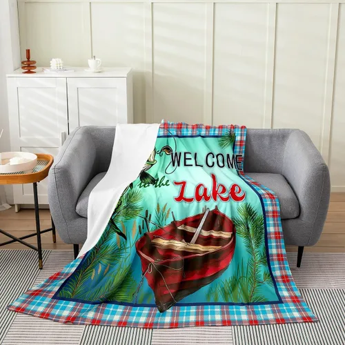 Miniatura 21 de Lake House Flannel Blanket,Hand Drawn Lake Mountain Scenery Fleece Blankets for Kids Girls Boys Adult Room Decor,Rustic Farmhouse Blankets Lake