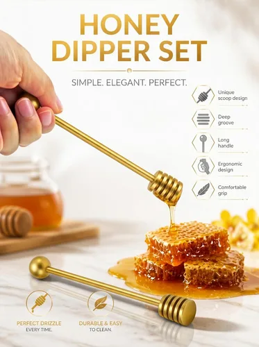 Miniatura 4 de DUGATO Gold Honey Dipper Set (2 unidades, 6.3 pulgadas) – Palitos de panal de acero inoxidable 304 para tarro de miel, rociador de jarabe, agitador