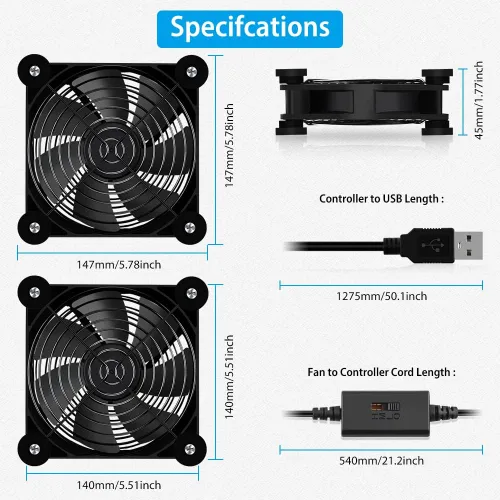 Miniatura 7 de Paquete de 5.512 in, mini ventilador USB para computadora, control de múltiples velocidades, reducción de calor para router, consola de juegos, caja