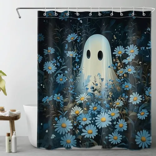 Miniatura 9 de HVEST Cortina de ducha con ganchos, calabaza espeluznante y fantasma con sombrero de bruja negro, juego de cortina de ducha naranja con flores