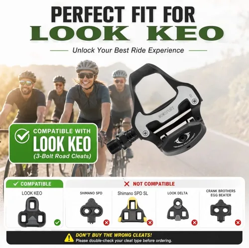 Miniatura 6 de WOWSPORT Look Keo Pedales de bicicleta de carretera, pedales ligeros sin clip con rodamientos sellados y cuerpo de nailon/carbono Husillo de 9/16