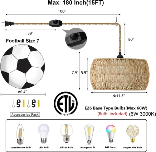Miniatura 2 de Lámpara colgante de ratán bohemio de 12 pulgadas, lámpara de araña de mimbre rústica tejida a mano con cable para comedor, cocina, dormitorio