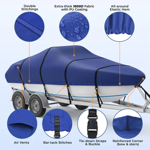 Miniatura 6 de RVMasking Funda para Barco, Lona de Poliéster 1400D Ultra Gruesa con Doble Capa de Impermeabilización PU, Se Adapta a 16-18.5 pies Tri-Hull, V-Hull