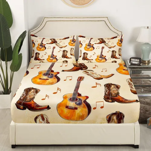 Miniatura 3 de Castle Fairy Juego de sábanas de botas de vaquero, tamaño individual, juego de ropa de cama de guitarra musical bohemia de 3 piezas para niños